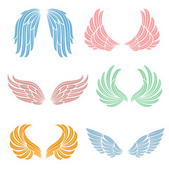 Elegant angel wings with long feather. Angelic symbols isolated vector set