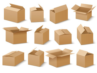 Open and closed cardboard boxes vector set