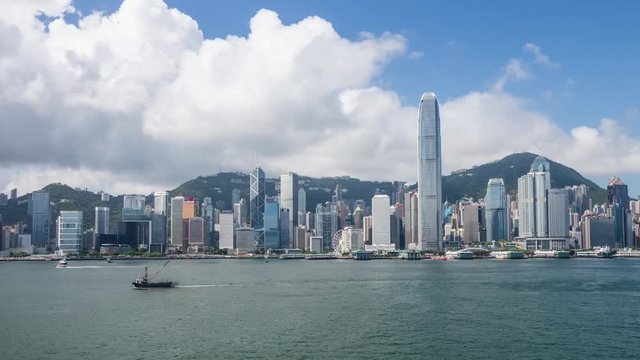 Timelapse of Chinese Junkboat sailing across Victoria Harbor, Hong Kong