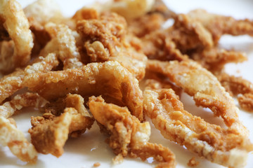 pork snack, pork rind, pork scratching or pork crackling