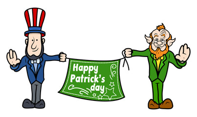 Leprechaun and Uncle Sam Holding Patrick's Day Banner
