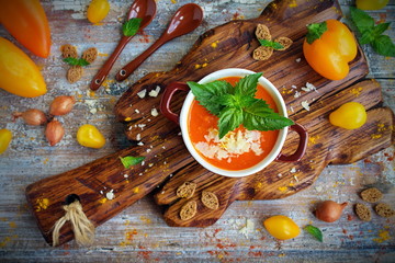 cream soup of roasted peppers with Parmesan and mint
