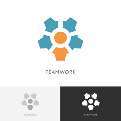 Teamwork gear wheel logo - person or leader with colleagues and pinion symbol. Business, cooperation and leadership vector icon.