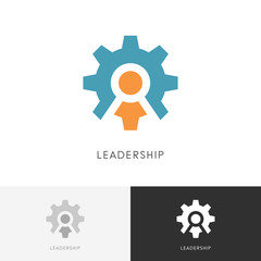 Leadership gear wheel logo - director or head with staff and pinion symbol. Business, teamwork and cooperation vector icon.