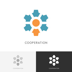 Cooperation gear wheel logo - manager or administrator with colleagues and pinion symbol. Business, teamwork and leadership vector icon.