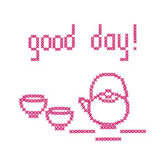 Cute vector illustration cross embroidery of teapot with two cups.
