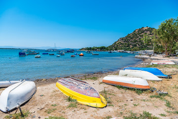 Cesme, Turkey - July 07, 2017 : Fishermen boats on the shore at small town of Ildiri