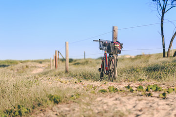 Fototapeta na wymiar A red bycicle parked on the beach near the sea.