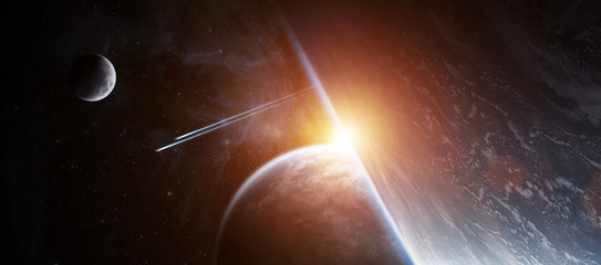 Sunrise over distant planet system in space 3D rendering elements of this image furnished by NASA