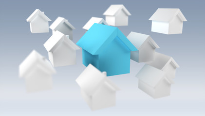 3D rendered small white and blue houses