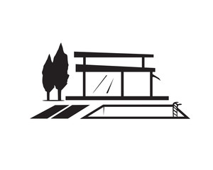 modern villa illustration with swimming pool and trees, symbol design, isolated on white background