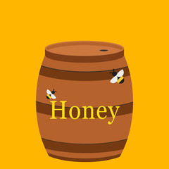 Vector illustration of jars with honey, honeycomb and bee.