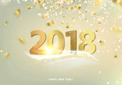 Happy new year card over gray background with golden confetti. Text sign 2018 year. Vector illustration.