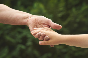 Hand in hand. Old woman hold her young grandchild's hand  