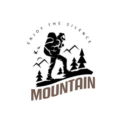 tourist climbs the mountain symbol, travel and expedition logo template
