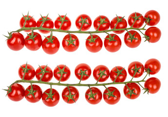 Two branches of fresh cherry tomatoes. Healthy juicy bio vegetable full of vitamins and antioxidants. Isolated on white background.
