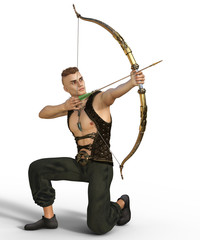 3d render of a young handsome fantasy archer aiming at some target isolated on white background.