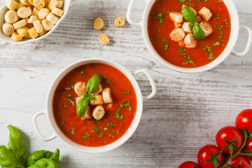 Traditional tomato soup, served with croutons.