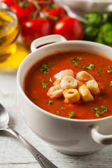 Traditional tomato soup, served with croutons.
