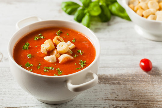 Traditional tomato soup, served with croutons.
