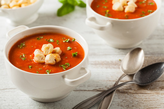 Traditional tomato soup, served with croutons.