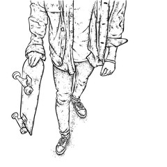Stylish skater in jeans and sneakers. Skateboard. Vector illustration for a postcard or a poster, print for clothes. Street cultures.