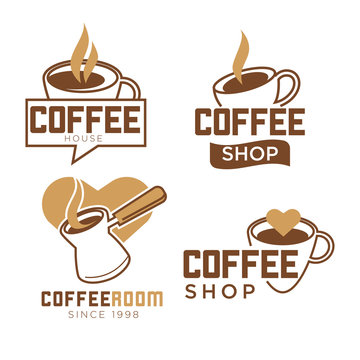 Coffee shop promotional emblems with cups and steam