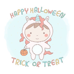 Colorful vector illustration of cute little girl in unicorn costume for Halloween