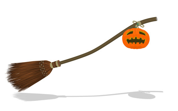 Isolated flying broom and the Jack-o'-lantern on transparent background
