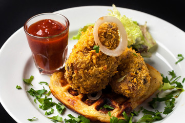 snack to beer on a large wooden plate with the sauce
