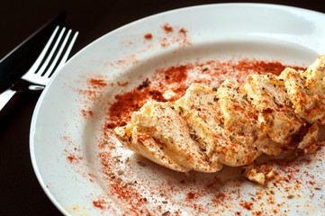 snack to beer on a large wooden plate with the sauce

