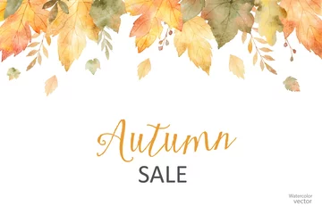 Poster Watercolor autumn sale banner of leaves and branches isolated on white background. © ElenaMedvedeva
