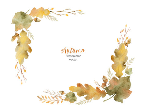 Watercolor vector wreath of leaves and branches isolated on white background.