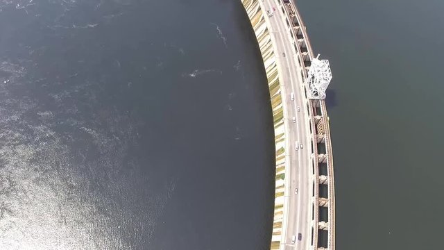 Aerial view of the dam on the large Dnipro river in the Zaporizhya city