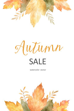 Watercolor autumn sale banner of leaves and branches isolated on white background.