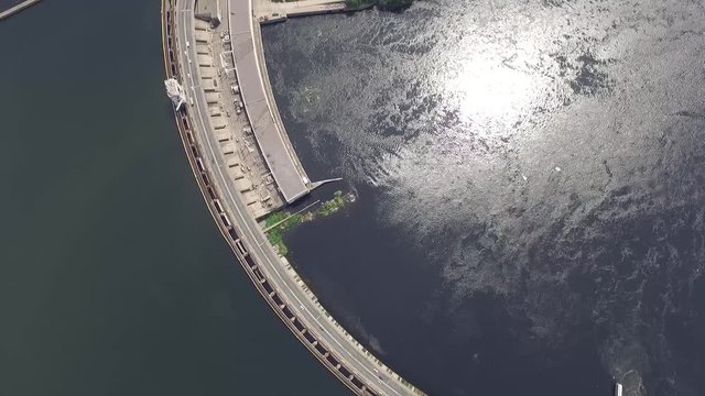 Aerial view of the dam on the large Dnipro river in the Zaporizhya city