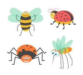 Funny insects with cute faces isolated illustrations set