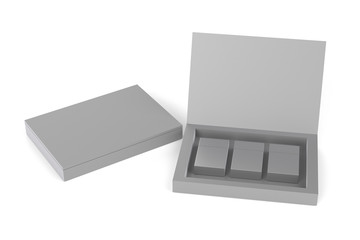 3D render of three king size cigarette boxes or packs in carton presenter on a white background with shadow. Clipping path. Template for your design.