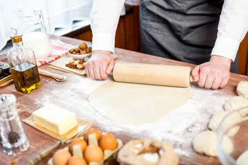 Bread Making Dough With Pin Knead Pastry Bakery Kitchen Man Cooking Process Concept