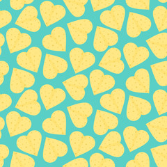 Cute seamless pattern with yellow hearts made of tortillas. Nice mexican tortilla hearts texture for textile, wrap paper, banner, cover, cafe and restaurant menu design
