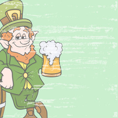 Happy Leprechaun with Beer - Vintage Vector Grunge Graphic