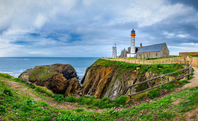 Fototapeta na wymiar Panorama of lighthouse and ruin of monastery, Pointe de Saint Mathieu, Brittany (Bretagne), France