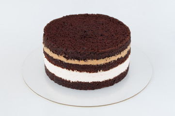 Naked layer cake with chocolate biscuit and cream mousses on white background.