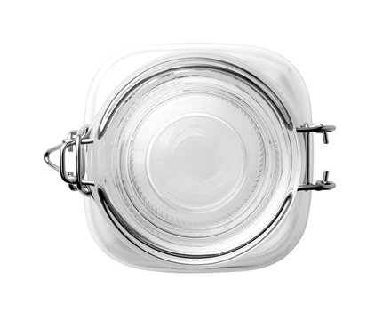 Top View Of Empty Glass Jar On A White Background