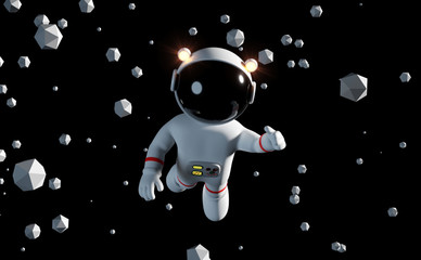 cute white cartoon astronaut flying between geometric objects in front of a black background