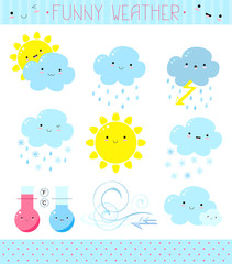 Set of a cute vector weather icons in kawaii style