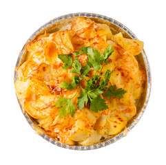 Potato gratin on the foil case box dish