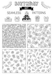 Vector set of doodles birthday seamless patterns.