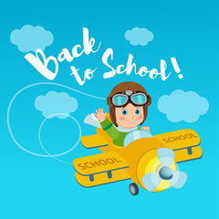 Flight Of Imagination. Welcome Back To School Vector Illustration. Banner Education Concept. Little Pilot Kid On Airplane.
