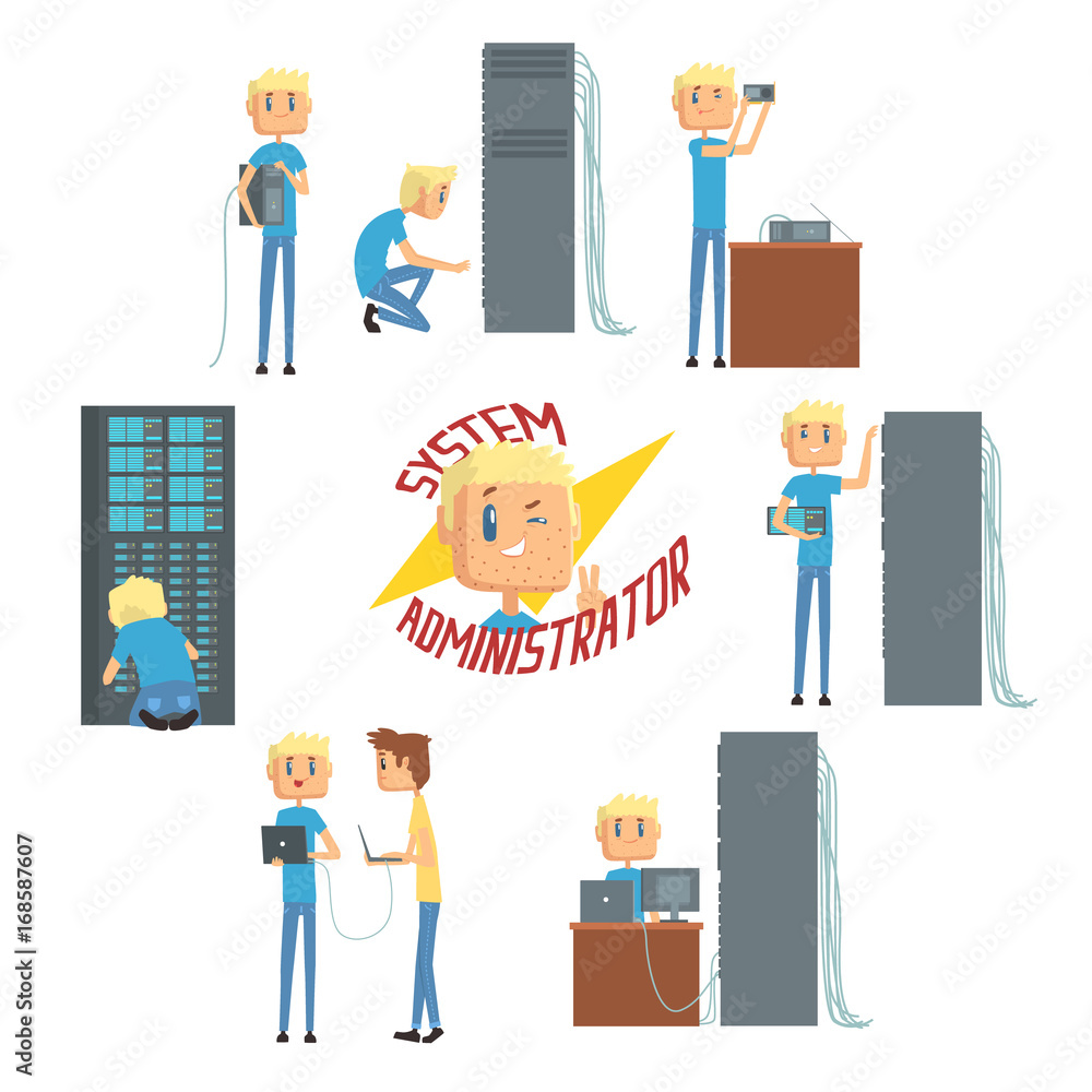 Poster system administrator, network engineer characters, set of network diagnostics, users support and ser